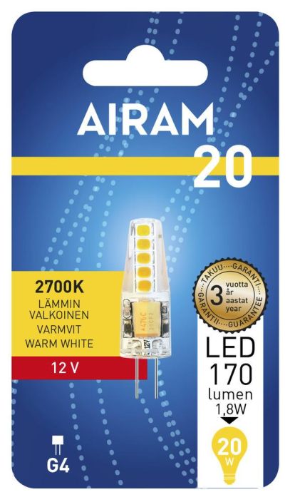 Airam LED-G4 lamppu 2700K 170lm 12v Energialuokka: A++ -Varilampotila: 2700K -12V- AC -Kanta: G4 -Teho: 1,8W, 170LM -Takuu