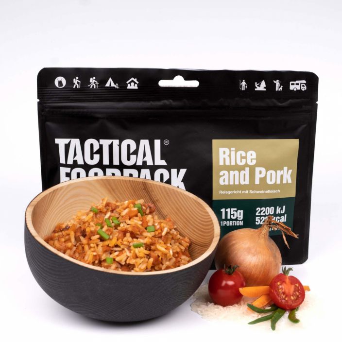 Tactical Foodpack Possupataa riisilla 115g retkiateria Riisiruoka tomaattikastikkeessa, jossa on mukana sianlihaa ja