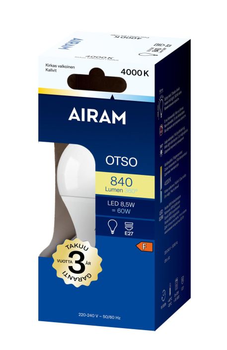 Airam LED E27 840lm/4000k Maitolasi -Energialuokka: A+ -Varilampotila: 4000K -Kanta: E27 -Teho: 9,5W, 806LM -Takuu 36kk