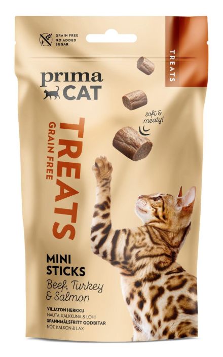 PrimaCat Treats Softy Minitikut 50g PrimaCat Treats Softy -sarjan lihaisan herkullinen Beef &amp; Turkey Mini Sticks -herkku tuo