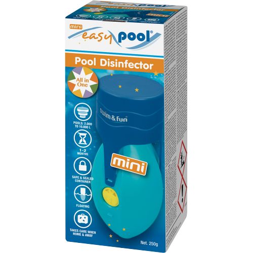 Easypool Mini Kelluva ja annostelusaatimella varustettu Easy Pool Mini. Yhdistelmapuhdistusta suodattimella varustetuille