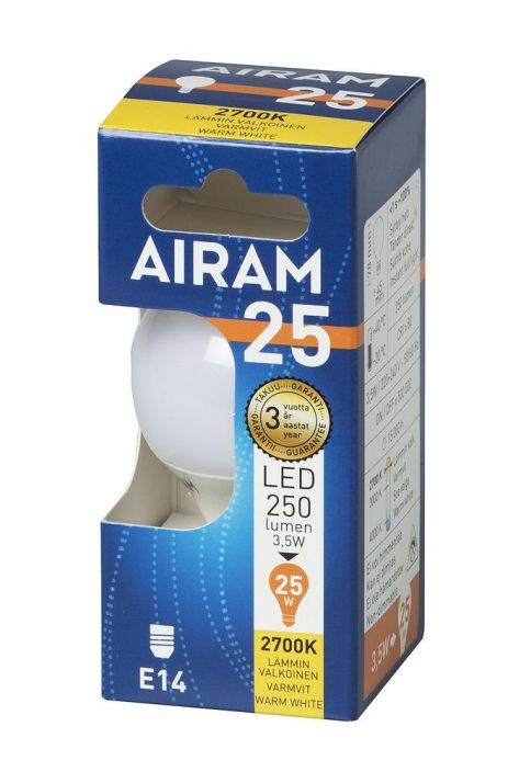 Airam LED-mainoslamppu E14 2700K 250lm -Energialuokka: A+ -Varilampotila: 2700K -Kanta: E14 -Teho: 3,5W, 250LM -Takuu 36kk