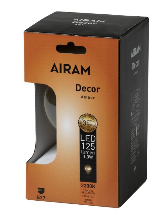 Airam Led-Decor amber E27 125lm G95 -Varilampotila: 2200K -Kanta: E27 -Teho: 1,3W, 125LM -Energialuokka: A+ -Takuu 36k