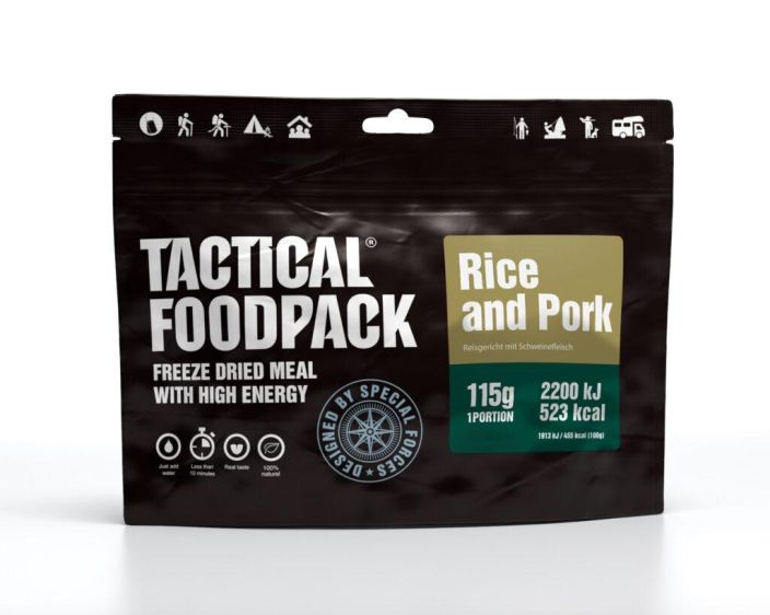 Tactical Foodpack Possupataa riisilla 115g retkiateria Riisiruoka tomaattikastikkeessa, jossa on mukana sianlihaa ja