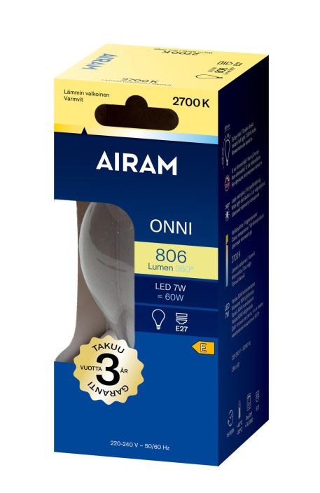 Airam LED E27 806lm/2700k Filamentti -Energialuokka: A++ -Varilampotila: 2700K -Kanta: E27 -Teho: 7W, 800LM -Takuu 36kk