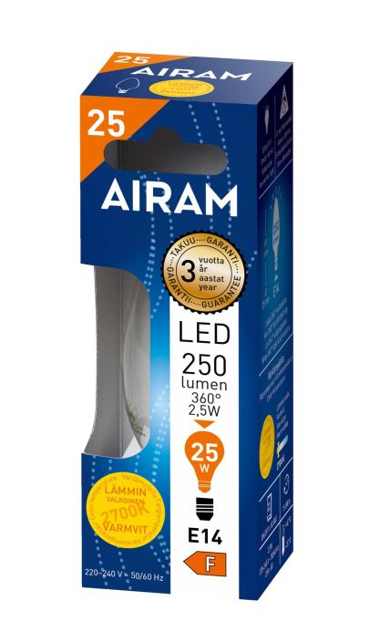 Airam Led-koristelamppu filamentti 250lm E14 2W Kirkaskupuiset filamenttilamput korvaavat vanhat kirkkaat hehku- ja