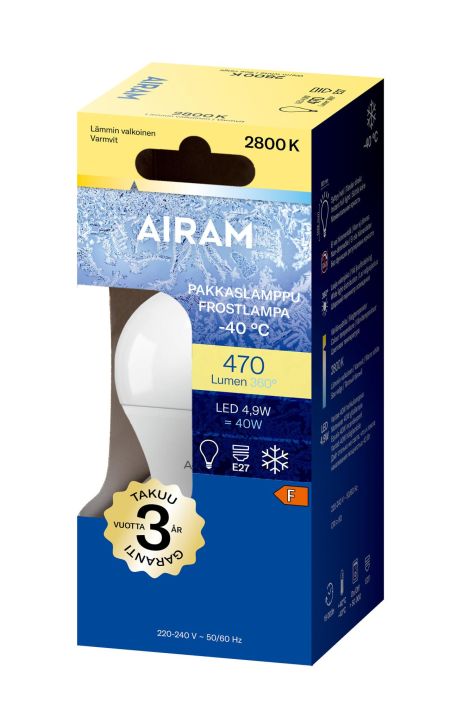 Airam LED-Pakkaslamppu E27 2800K 470lm -Energialuokka: A+ -Varilampotila: 2800K -Kayttolampotila: -40..+40 -Kanta: E27