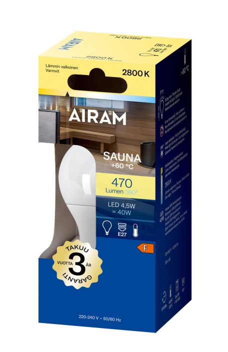 Airam Sauna-LED E27 2800K 470lm -Energialuokka: A+ -Varilampotila: 2800K -Kayttolampotila: +60 -Kanta: E27 -Teho: 5,5W,