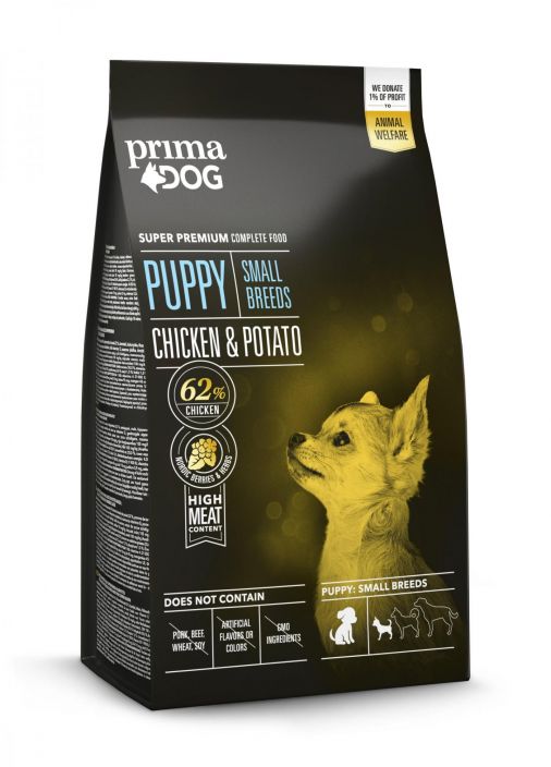 PrimaDog Kana-peruna pienten rotujen pennuille 2 kg PrimaDog Kana & Peruna on erittain korkealuokkainen taysravinto pienten