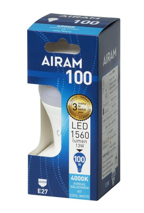 Airam LED-classic lamppu E27 4000K 1560lm -Energialuokka: A+ -Varilampotila: 4000K -Kanta: E27 -Teho: 13W, 1560LM -Takuu