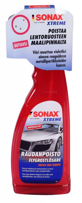 Sonax Xtreme raudanpoisto 750ml Poistaa tehokkaasti lentoruosteen, teollisuuslian ja muut metallipartikkelit auton