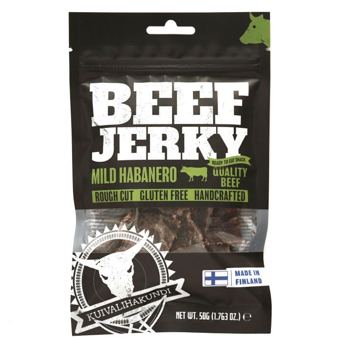 Kuivalihakundi Beef Jerky Habanero mieto chili naudanpaisti, gluteeniton soijakastike ( vesi, soijaproteiinihydrolysaatti,