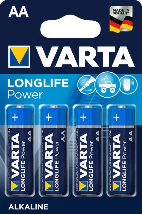 Varta alkaline AA 4kpl -Tehokas paristo paljon energiaa vaativiin laitteisiin kuten lelut, langattomat hiiret, taskulamput