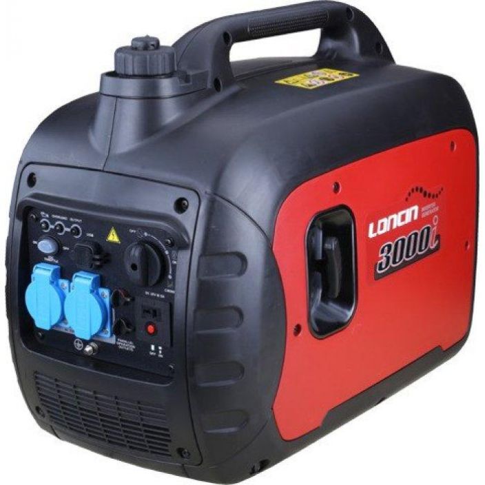 Loncin LC3000i Inverter generaattori Nimellisteho 2,3kW, maksimiteho 2,5kW. Schuko, 12-V 8.0A, ja USB -liitannat. Moottori