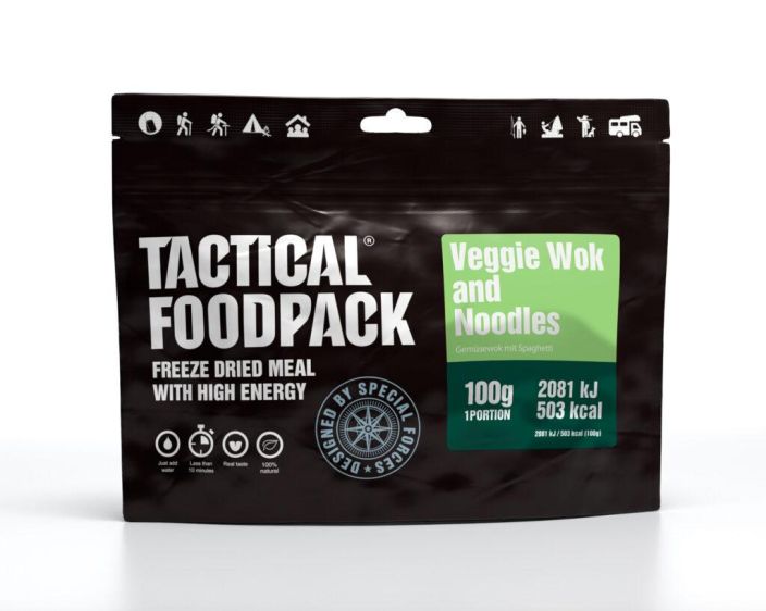 Tactical Foodpack Vihanneswok nuudeleilla 100g retkiateria Vihanneswok nuudeleilla on varta vasten kasvissyojille kehitetty