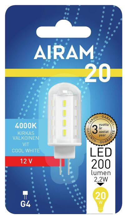 Airam LED-G4 lamppu 4000K 220lm Energialuokka: F -Varilampotila: 4000K -12V- AC -Kanta: G4 -Teho: 2,2W, 220LM -Takuu 36kk