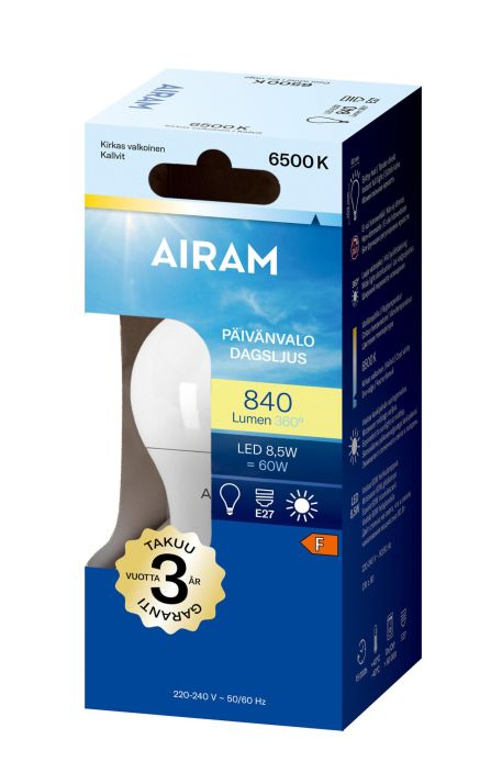 Airam LED-Paivanvalo E27 6500K 810lm -Energialuokka: A+ -Varilampotila: 6500K -Kanta: E27 -Teho: 8,5W, 810LM -Takuu 36kk