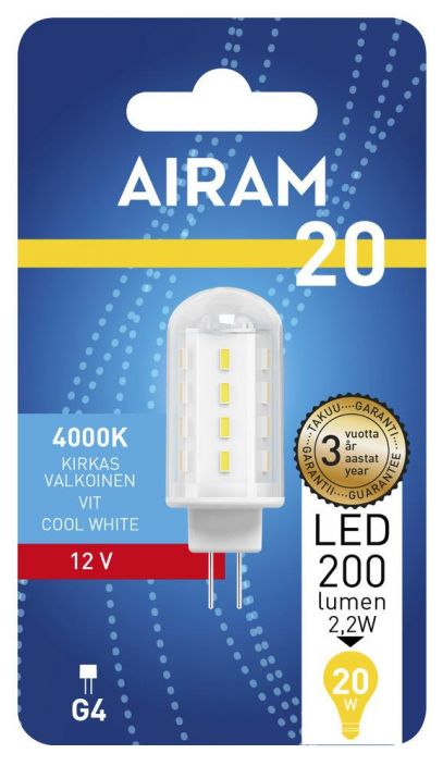 Airam LED-G4 lamppu 4000K 220lm Energialuokka: A++ -Varilampotila: 4000K -12V- AC -Kanta: G4 -Teho: 2,2W, 220LM -Takuu 36kk