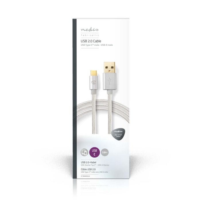 Nedis USB C-Kaapeli 2M Alumii Talla huippuluokan kullatulla Nedis® USB 2.0 -synkronointi-, lataus- ja AV-tukikaapelilla (USB