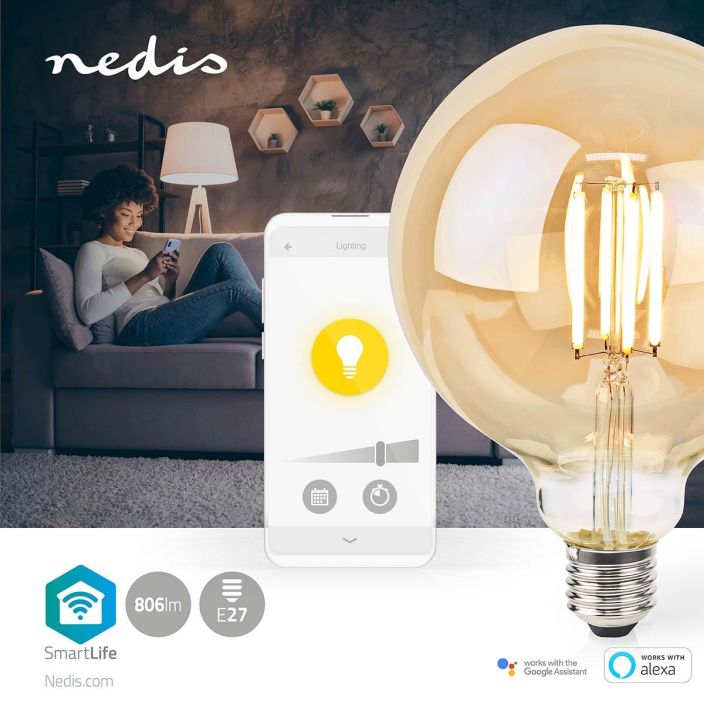 Nedis SmartLife LED Filamenttilamppu | Wi-Fi | E27 | 806 lm | 7 W | Lammin Valkoinen | 1800 - 3000 K | Lasi | Android™ / IOS