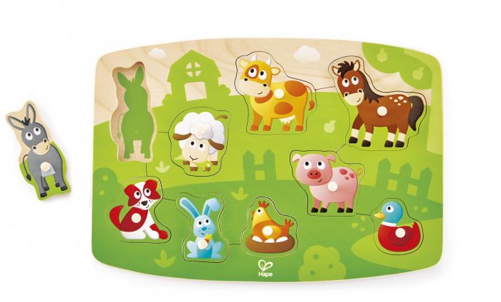 Hape Kotielaimet nuppipalapeli Puinen palapeli, jossa palojen alla on apuna siluettikuva.