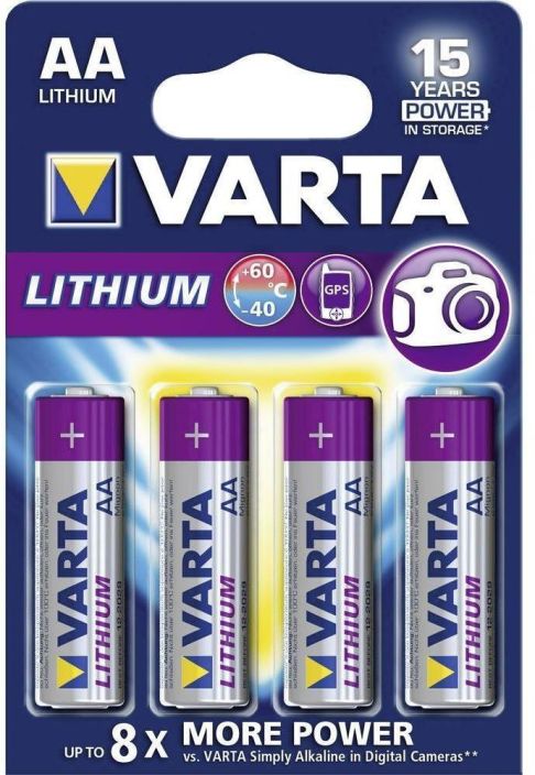 Varta Lithium AA paristo 4kpl Sisa- tai ulkokayttoon.