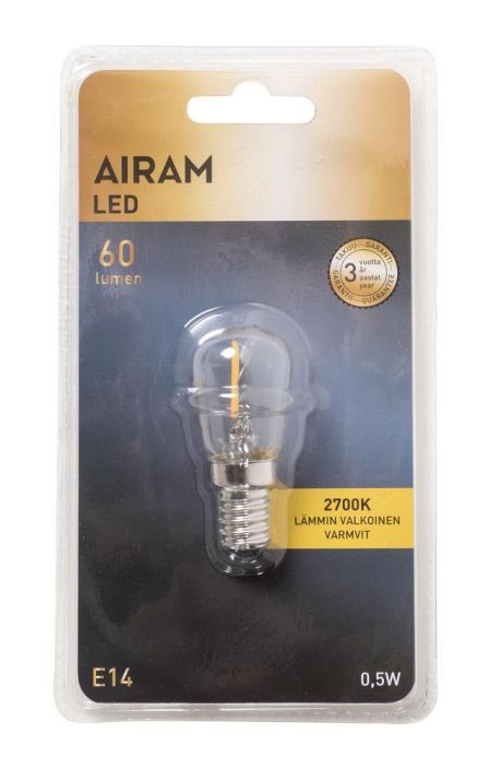 Airam LED-E14 lamppu 2700K 60lm Energialuokka: A++ -Varilampotila: 2700K -Kanta: E14 -Teho: 0,5W, 360LM -Takuu 36kk