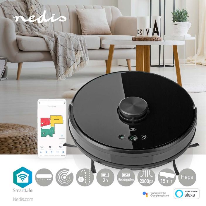 Nedis SmartLife Robotti polynimuri Laser-navigointi | Wi-Fi | Kerayssailion tilavuus: 0.6 l | Automaattinen lataus |