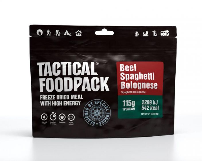Tactical Foodpack Spagetteja ja naudanlihaa tomaattikastikkeessa 115g retkiateria Meidan versio klassisesta spagetti