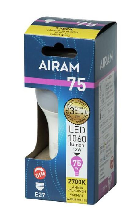 Airam Dim LED-classic lamppu E27 2700K 1060lm -Energialuokka: A+ -Varilampotila: 2700K -Himmennettava -Kanta: E27 -Teho: