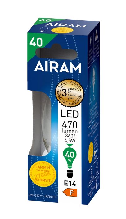 Airam Led Kynttila E14 470lm/2700k Filamentti Kirkaskupuiset filamenttilamput korvaavat vanhat kirkkaat hehku- ja