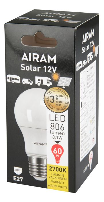 Airam Led-Solar 12v E27 806lm -Varilampotila: 2700K -Kanta: E27 -Teho: 8,1W, 806LM -Energialuokka: A+ -Takuu 36k