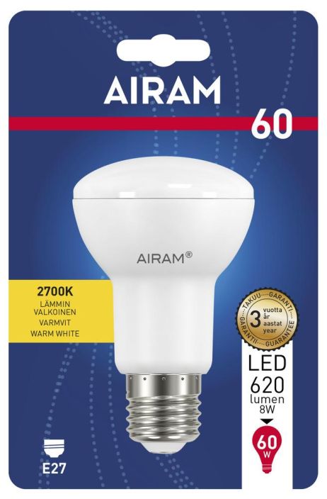 Airam LED-R63 lamppu E27 2700K 620lm/185cd -Energialuokka: A+ -Varilampotila: 2700K -Kanta: E27/R63 -Teho: 8W, 620LM/185cd