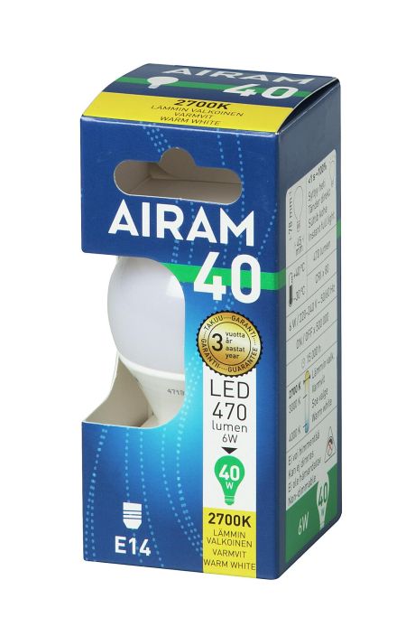 Airam LED-mainoslamppu E14 2700K 470lm -Energialuokka: A+ -Varilampotila: 2700K -Kanta: E14 -Teho: 5,5W, 470LM -Takuu 36kk
