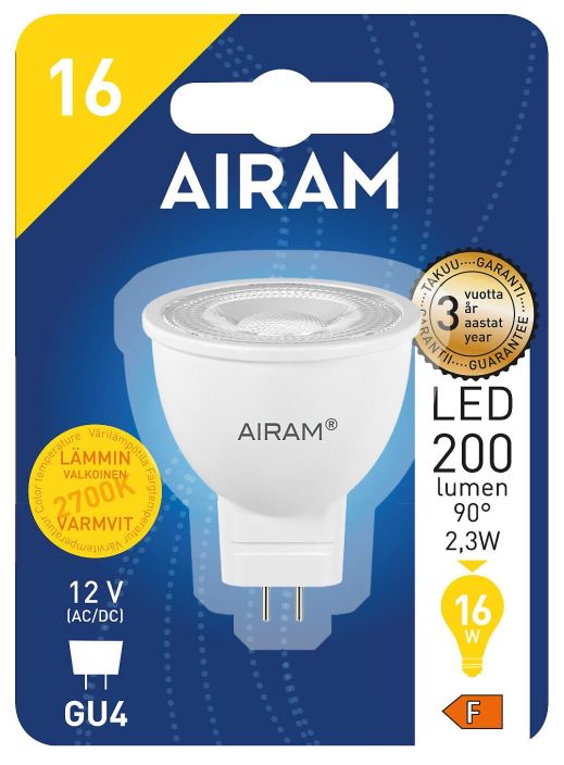 Airam LED-GU4 2700K 230lm -Energialuokka: A+ -Varilampotila: 2700K -Kanta: GU4 -12V- AC -Teho: 2,6W, 230lm -Takuu 36kk