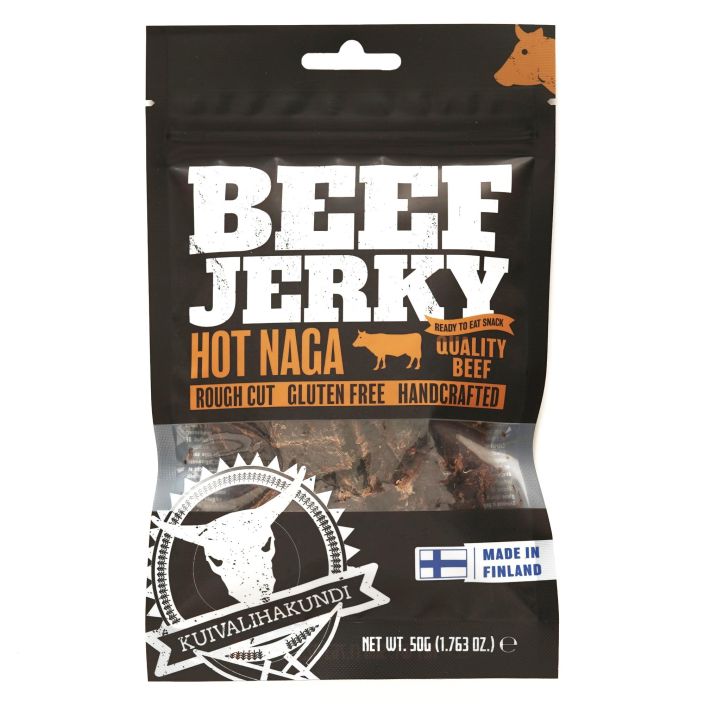 Kuivalihakundi Beef Jerky Nagajolokia chili naudanpaisti, gluteeniton soijakastike (vesi, soijaproteiinihydrolysaatti,