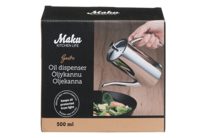 Maku Gastro oljykannu 0,5 L Tyylikas teraskannu oljyn sailyttamiseen valolta suojattuna ja siistiin kaatamiseen. Vetoisuus
