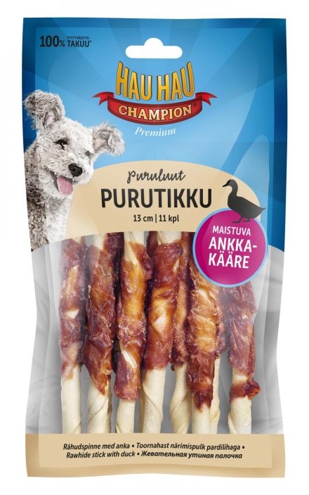 Hau-Hau Champion Ankkapurutikku 13cm 11kpl 100g Hau-Hau Champion ankkapuruikku on naudannahkainen purutikku joka on