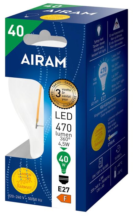 Airam Led-koristelamppu filamentti 470lm E27 4W Kirkaskupuiset filamenttilamput korvaavat vanhat kirkkaat hehku- ja