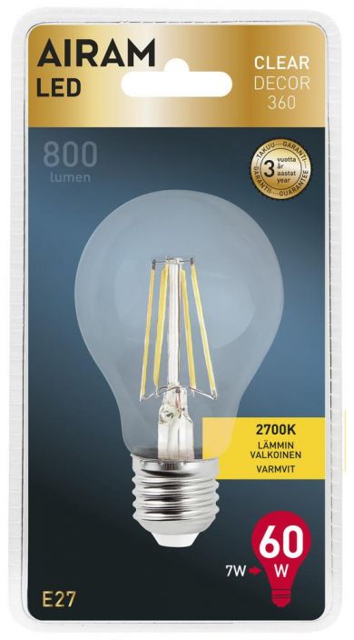 Airam LED-Decor lamppu E27 2700K 800lm -Energialuokka: A++ -Varilampotila: 2700K -Kanta: E27 -Teho: 7W, 800LM -Takuu 36kk