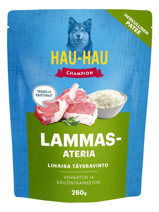 Hau-Hau Champion lammas-ateria 260g Hau-Hau Champion Lammas-annosateria on taatusti maistuva ja lihaisa taysravinto koirille