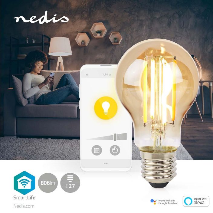 Nedis SmartLife LED Filamenttilamppu | Wi-Fi | E27 | 806 lm | 7 W | Lammin Valkoinen | 1800 - 3000 K | Lasi | Android™ / IOS