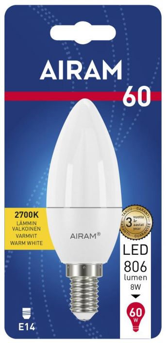 Airam LED-kynttilalamppu E14 2700K 806lm -Energialuokka: A+ -Varilampotila: 2700K -Kanta: E14 -Teho: 8W, 806LM -Takuu 36kk
