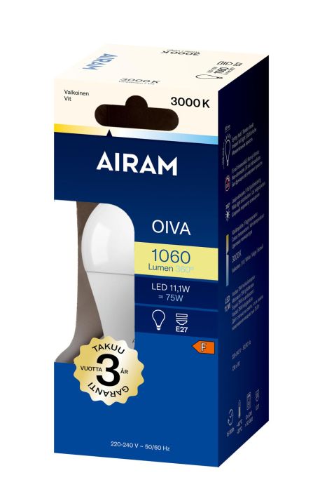 Airam Oiva LED-classic lamppu E27 3000K 1060lm -Energialuokka: A+ -Varilampotila: 3000K -Kanta: E27 -Teho: 10,5W, 1060LM