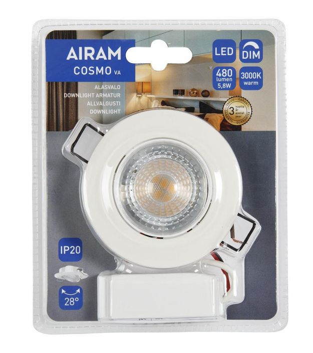 Airam Cosmo Dim LED-Alasvalo 3000K 480lm -Avauskulma: 36° -Varilampotila: 3000K -Teho: 5,8W, 480LM -Lampputyyppi: LED