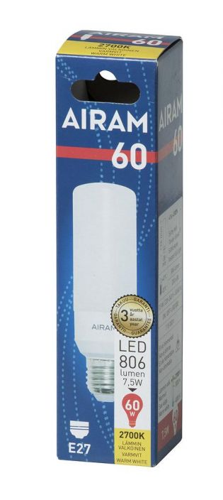 Airam LED-Tubular E27 2700K 806lm -Energialuokka: A+ -Varilampotila: 2700K -Kanta: E27 -Teho: 7,5W, 806LM -Takuu 36kk