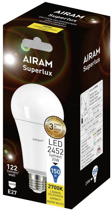 Airam LED-Superlux E27 2700K 2452lm -Energialuokka: A++ -Varilampotila: 2700K -Kayttolampotila: -20..+40 -Kanta: E27 -Teho: