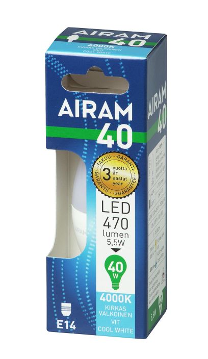 Airam LED-kynttilalamppu E14 4000K 470lm -Energialuokka: A+ -Varilampotila: 4000K -Kanta: E14 -Teho: 5,5W, 470LM -Takuu 36kk