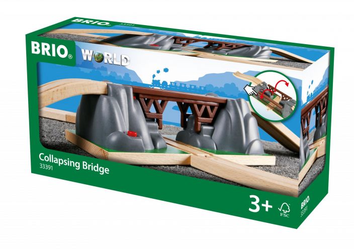 Brio Sortuva silta Paikoillanne, valmiit, sortuu! Paina punaista painiketta, jotta silta sortuu. Nyt junat eivat paase