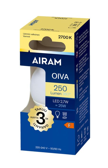 Airam LED-koristelamppu E27 2700K 250lm -Energialuokka: A+ -Varilampotila: 2700K -Kanta: E27 -Teho: 3,5W, 250LM -Takuu 36kk